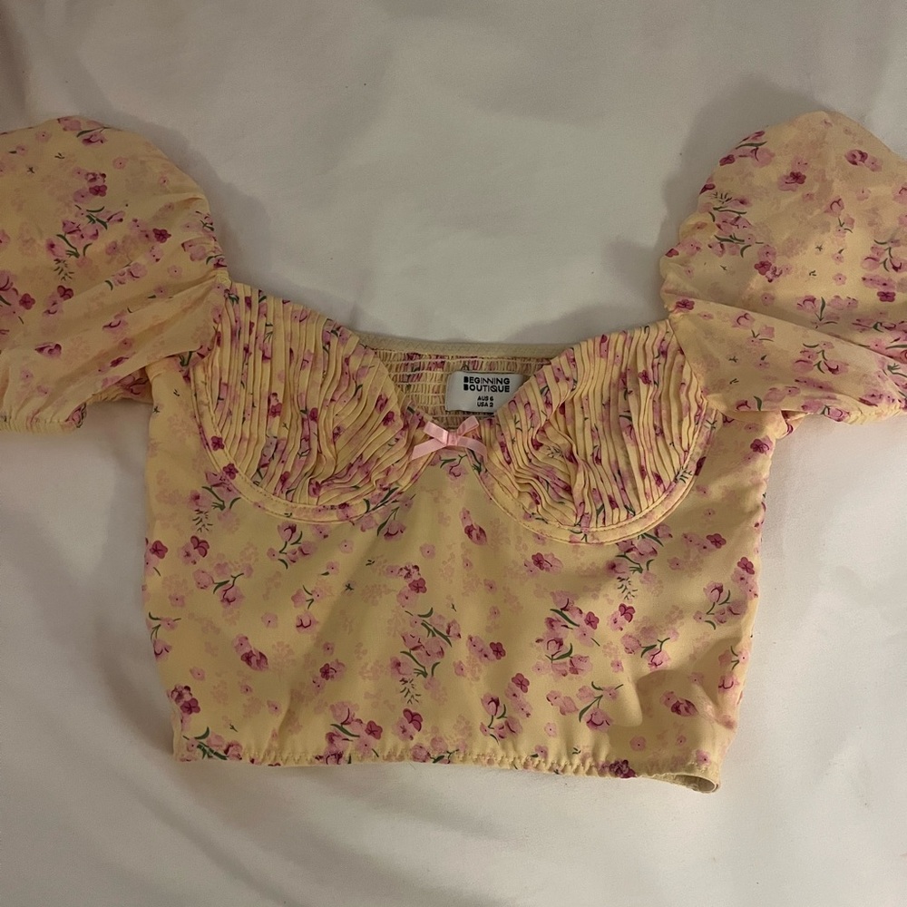 Beginning Boutique Orange Tan Puff Sleeve Crop Blouse